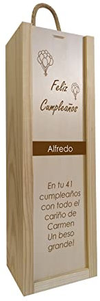 Deliex delicias de Extremadura. Regalos para cumpleaños personalizado con nombre y texto que quieras indicar, caja de madera para botella personalizada, regalo original (Para 1 botella, GLOBOS)