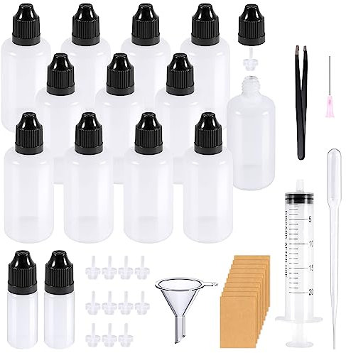 RYMALL Liquid Flaschen, Tropfflasche 12x50ml+2x10ml Dropper Bottle Quetschflaschen mit Kindersicherung Deckel Inkl. Trichter Etiketten Transfer Pipette Spritzen und Pinzetten für Liquids