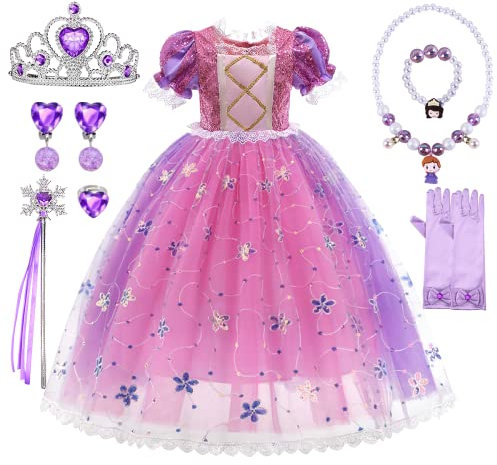 HOUSTAR Deguisement Princesse Fille, Raiponce Robe avec Couronne Princesse Ensemble, Rapunzel Robe Carnaval Enfant, Sofia Costume pour Anniversaire Cosplay (110)