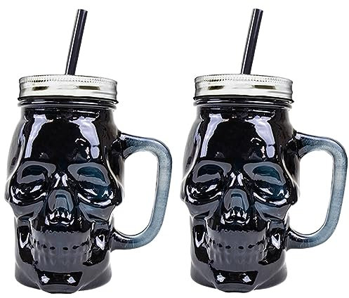 Tarros de cristal con diseño de calavera, color negro, 450 ml, con asa, tapas y popotes, 2 vasos