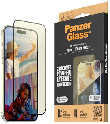 PanzerGlass™ Anti-Reflexions- und Anti-Blaulicht-Schutz für das Apple iPhone 15 Plus, Schützen Sie Ihre Augen, Schützen Sie Ihr Telefon - Hüllenfreundlicher Vollbildschutz mit Montagehilfe