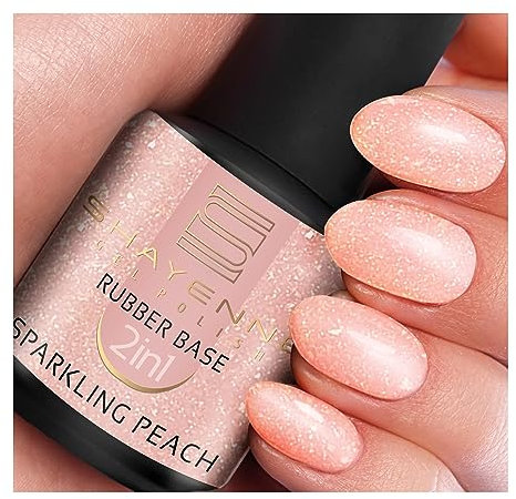SHAYENNE 2in1 Rubber Base Color Sparkling Peach Gel Nagellack 15 ml für UV LED Lampe | MADE in Germany | Cover Gel Nail Polish for UV Nail Lamp | LED Nagel Lack Gellack Nagelgel