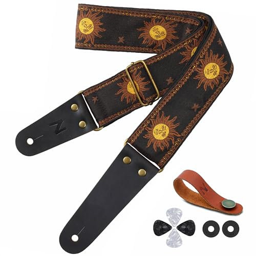 Nefelibata Gitarrengurt, sonnenbestickter Baumwollgitarrengurt mit Echtlederenden für Bass-, Elektro- und Akustikgitarren, kostenlose Schnalle, 1 Paar Gurtschlösser und 4 Gitarrenplektren