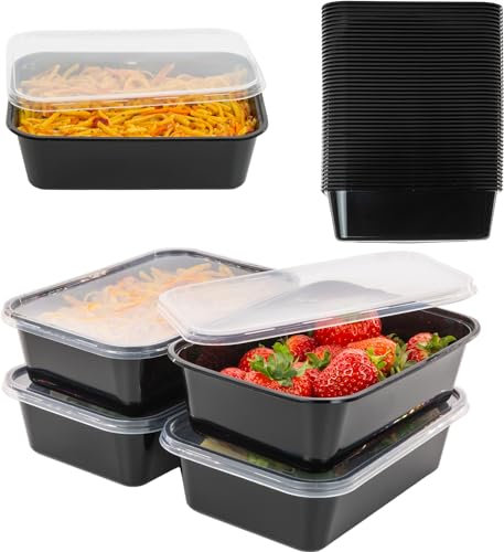Coselena 50Pcs Black Plastic Meal Prep Food Containers, Takeaway Containers With Lids - Microwave Food Storage Containers | Freezer Storage Boxes, Food Containers with Lids, Food Containers 650ml