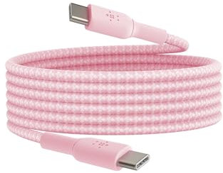 Belkin BoostCharge (2M/6.6ft) Braided USB-C to USB-C Cable for iPhone 16, Galaxy S24, S23, Note10, Note9, Pixel 8, Pixel 7, iPad Pro & More - Pink