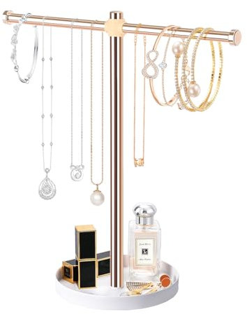 bodkar Jewelry Holder Organizer, 12.9 Tall Sturdy Metal Stand,Gold Jewelry Hanger for Necklace, Earring, Bracelet, Ring, for Display and Storage, Aesthetic Room Decor, Jewlery Tree with White Tray