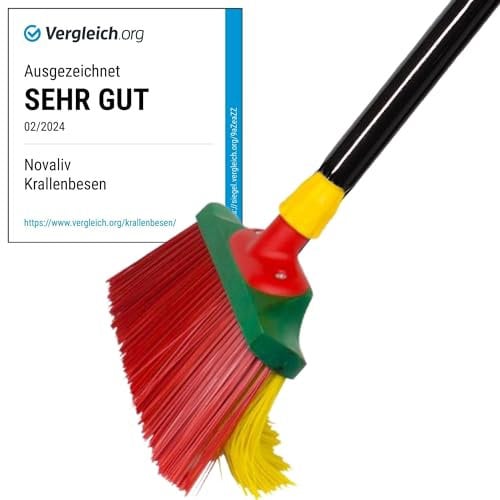Novaliv Krallenbesen mit Stiel 30cm, Spezialbesen gebogenen Borsten Borsten Rot Gelb -Ideal als Gartenbesen, Kratzbesen, Kunstrasen Besen, Optimal für Camping, Straßenbesen