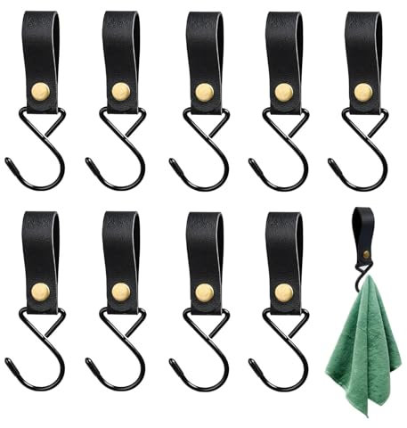Lunyloer Leder-S-Haken, 10 Stück S Haken Mit Lederschlaufe 13cm, Metall S Förmige Haken Zum AufhäNgen, Campinghaken Kinderwagen Haken Multifunktionshaken Handtuch KüChe Badezimmer(Schwarz)