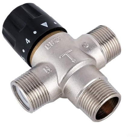 Lioaeust Valvola miscelatrice termostatica DN20 per riscaldamento solare da 3/4 di pollice, Termostatica, Rame, Argento + Nero