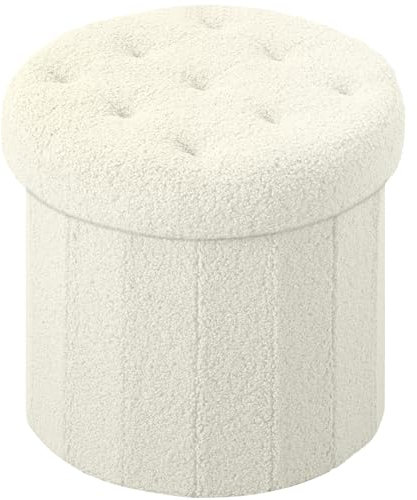 VewePata Runder Ottoman mit Stauraum, Ottoman mit Teddy-Samt-Fußpolster und Stauraum, Fußstütze für Wohnzimmer, Schlafzimmer oder Wohnheim(White, 35 x 35 x 33CM)