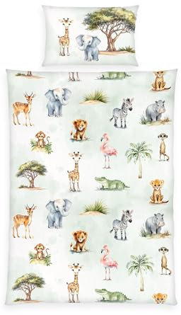 Herding babybest Bettwäsche Safari, Kopfkissenbezug ca. 40 x 60 cm, Bettbezug ca. 100 x 135 cm, Mit Hoteleinschlag und Markenreißverschluss, 100% Baumwolle, Renforcé