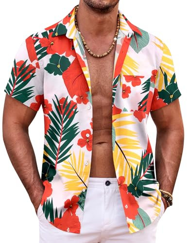 COOFANDY Herren Hawaiihemd Kurzarmhemd Sommer Freizeit Hemd Blumen Slim Fit Strand Hemd Weiße Blumen&Blätter L