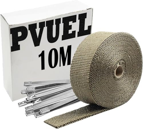 PVUEL Ruban de protection thermique pour pot d'échappement - 10 m - Titane - En fibre de basalte - Avec 10 serre-câbles en acier inoxydable - Pour collecteur d'échappement de motos et voitures