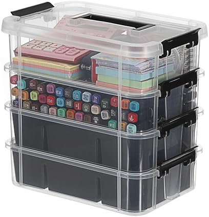 IGNPION Stackable Storage Box, 4 Layer Adjustable Plastic Storage and Organization Box with Carrying Handle Transparent Organizer Containers for Arts and Crafts Toys Sewing Accessories (Black)
