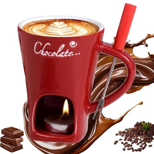 Tasse à Fondue au Chocolat, 200 ML Services à Fondue au Chocolat, Tasse à Fondue au Chocolat en Céramique, Tasse à Fondue avec Fourchette et Bougie À Thé, Tasse à Fondue pour Bonbons et Chocolat