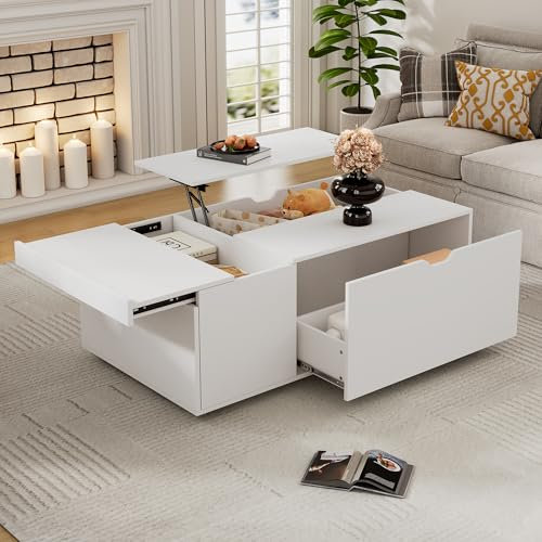 BTM Table Basse Blanche avec Plateau Relevable, Table Basse Moderne avec Rangement et Portes Coulissantes, Table d'appoint de Salon, 120x65x45.5cm, Blanc
