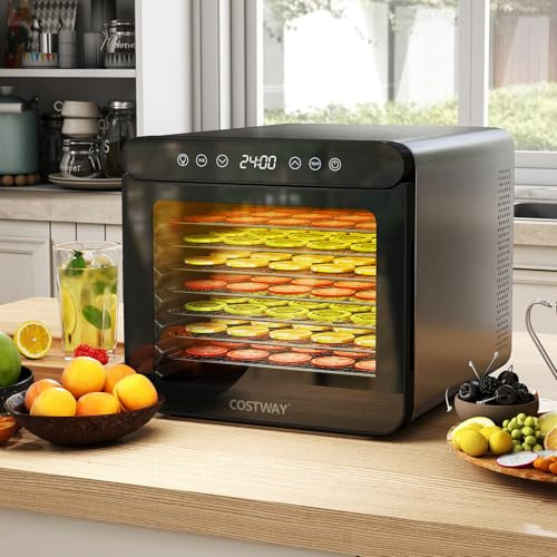 GOPLUS 600W Dörrautomat Edelstahl, Dörrgerät mit 6 Funktionstasten, 30-75°C Temperatur einstellbar, 24H Timer, 7 Tabletts, Dehydrator für Obst, Gemüse und Fleisch