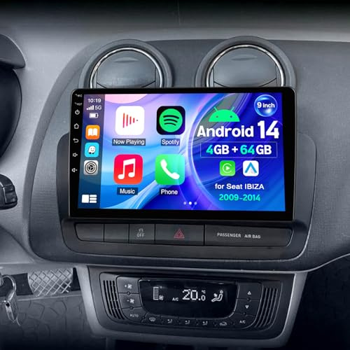 4+64G Android 14 Car Stereo Radio for Seat IBIZA 2009-2013 2015 with Wireless Carplay & Android Auto with 9 inch HD Touchscreen GPS Sat Navi WiFi Bluetooth FM RDS Split Screen Mirrorlink Camera+ Mic