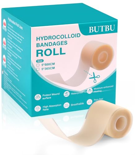 BUTBU Hydrokolloid Pflaster Rolle 5x365cm, Selbstklebendes Wasserfestes hydrokolloid Wundpflaster, Atmungsaktive Hautfreundlich, für Exsudatwunden, Blasen, Akne, Oberflächliche Wundversorgung