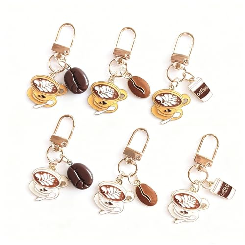Wasise Coffee Keyring - Coffee Bean Keyring, Coffees Pendant Keychain, Pendant Creative, Hangings Theme Cup Key Ring Bag Charm Gifts for Friend, Her, Him, Coworker, Home Office Desk Decor 6PS