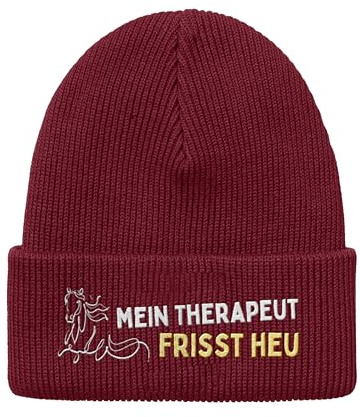 tshirtladen Mütze Mein Therapeut frisst Heu mit Pferde Stickerei aus Polyacryl-Strick doppellagig elastisch Unisex Beanie für Damen und Herren warmes Accessoire für Herbst Winter