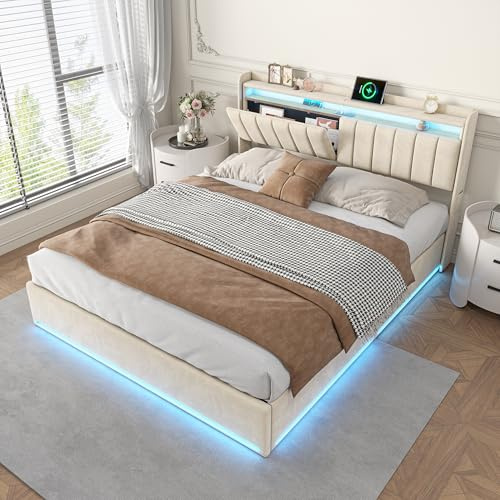 WSOFZMO Bett 140x200 Led, Polsterbett 140x200 mit Stauraum, Doppelbett mit Lattenrost, Hydraulisch Stauraumbett, Boxspringbett mit USB Ladefunktion, Samt, Ohne Matratze (Stil14 Creme, 140 * 200)