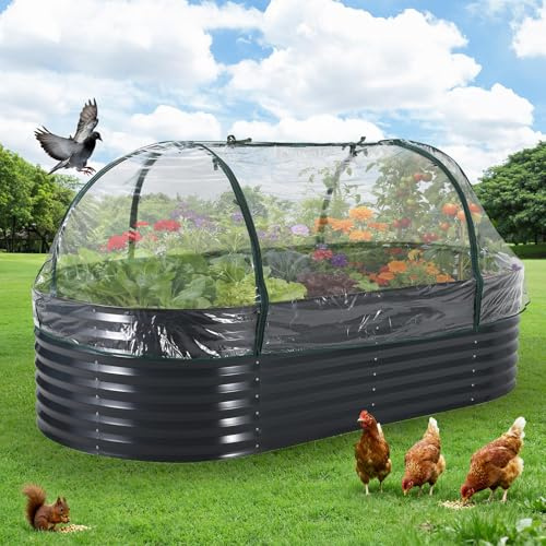 Hochbeet Metall 240x120x60cm Mit Abdeckung, Ovales Gartenbeet Mit Reißverschluss-Netz, Offener Boden Für Drainage, Stabiles Pflanzbeet Für Gemüse Kräuter Blumen Garten Terrasse Balkon, Grau