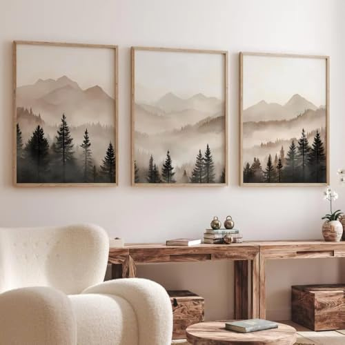 AQCQDQ Abstraktes Wald- und Berg-Triptychon, minimalistische, moderne Nebel Landschaft Drucke, rahmenlose Wanddekoration für Wohnzimmer, Schlafzimmer, Büro. (50×70 cm)