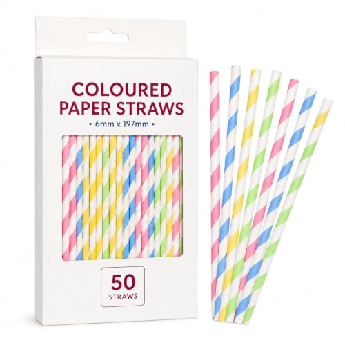 MAR 50 Biodegradable Paper Straws – Striped Drinking Straws for Cocktails | 50 biodegradable striped paper straws, 6mm x 197mm, in 4 colours. Eco drinking straws for cocktails, milkshakes & parties.