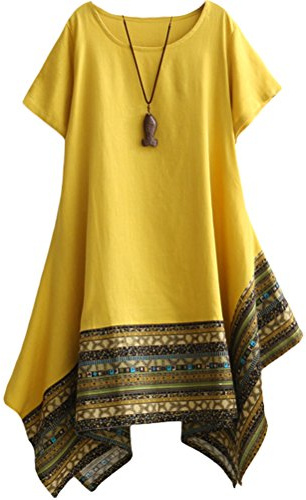 Minibee Women's Ethnic Cotton Linen Short Sleeves Irregular Tunic Dress (2XL, Yellow)