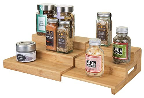 mDesign Gewürzregal für Küchenschrank – ausziehbare Aufbewahrungsmöglichkeit mit drei Ebenen aus Holz für Ordnung in der Küche – naturfarben