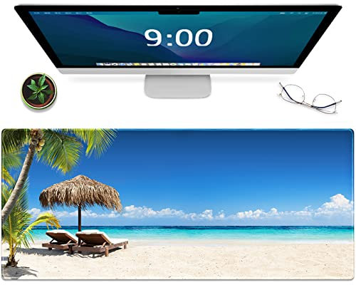 Galdas Gaming-Mauspad, Strand-Muster, XXL, XL, großes Mauspad, langes Design, rutschfest, gummiert, genähte Kanten, dünnes Pad (80 x 30 x 2 cm) – Tropische Palmenmeer und Strand
