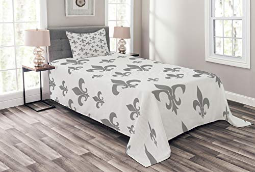 ABAKUHAUS Fleur De Lis Tagesdecke Set, Retro königliche Weinlese, Set mit Kissenbezügen Waschbar, für Einzelbetten 170 x 220 cm, Hellgrau