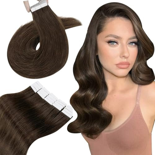 Hetto Tape Extensions Echthaar Braun Haarverlängerung Echthaar Tapes Glatt Echthaar tape in extensions Unsichtbar Echthaar Extensions Tape Dunkel Braun #4 40cm 50g