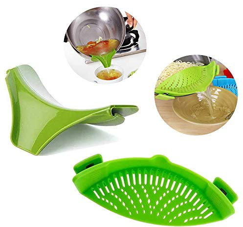 2 Pièces Passoire en Silicone + Entonnoir pour Casserole, Filtre à Passoire à Clipser, Anti-déversement Silicone Verser Bec de Soupe Entonnoir, pour Casseroles, Pots, Pans, Bols