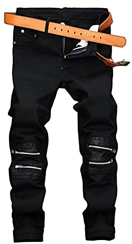 DSDZ Men's Ripped Patchwork Pleated Stretch Biker Jeans with Zippers D288 32 Black