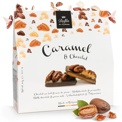 Dolfin Caramels & Chocolats – Chocolat au Lait & Noix de Pécan - Caramel au Beurre Salé Maison, Noix Caramélisées- Idée Cadeau, Confiseries, Friandises, Bonbons - Fait en Belgique, 200g