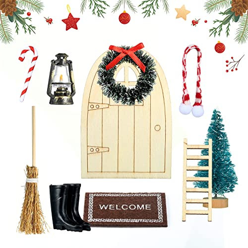 Gwhole Porta Elfo Natale Kit, 10 pz Elfo Natale Kit Decorazioni Natalizie, Porticina Elfo Natale, Albero di Natale, Ghirlanda, Scopa, Lucerna, Stivali, Stampelle, Scala in Legno,ECC Regali Natale