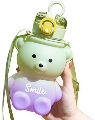800ml Cute Bear Straw Bottle,Gradient Bear Shaped Water Bottle with Straw and Strap, Milk Bubble Tea Cup, Portable Water Jug for Kids School Office Travel
