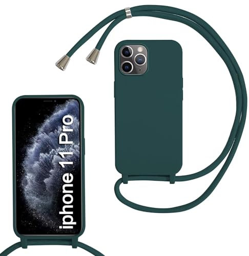 MBSLFY Silikon Handykette für iPhone 11 Pro Hülle mit Band, Silikon Necklace Handyhülle mit Abnehmbar Kordel zum Umhängen Stossfest Bumper Handy Schutzhülle für iPhone 11 Pro, Dunkel grün