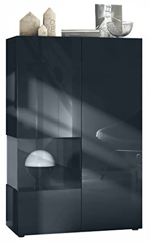 Vladon Vitrine Morena V2, Made in Germany, Standvitrine mit 2 Türen und Glaseinsatz, Korpus Schwarz matt, Fronten Schwarz Hochglanz, Cube Schwarz matt (91,5 x 136,5 x 37 cm)