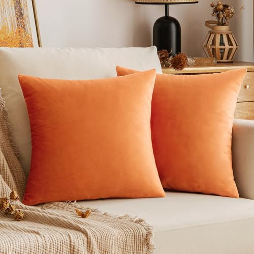 EMEMA Samt Kissenbezug Herbst Kissenhülle Dekorative Dekokissen Sofakissen 40x40 cm Lendenkissen Wurfkissenbezug mit Verstecktem Reißverschluss Schlafzimmer Sofa 2er Set Orange