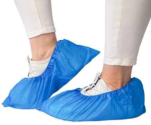ARNOMED 100x Schuhüberzieher Einweg [WASSERDICHT], Galoschen, Schuh Überzieher Einweg, Starke Überschuhe Latexfrei, Einheitsgröße Wasser, und Staubdicht, 5g Extra Starkem CPE Material