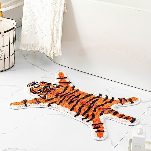Orange Tiger Niedliche Badematte für Badezimmer Spaß Tiger Cartoon Badteppiche für Kinder rutschfeste Tierform Badewannenmatte saugfähig Badezimmer Plüsch Dusche Teppiche Teppich Dekor waschbar