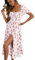 GORGLITTER Women's Floral Midi Dress Ruched Bust Split A Line Dress Boho Square Neck Short Sleeve Summer Swing Dresses Red and White S