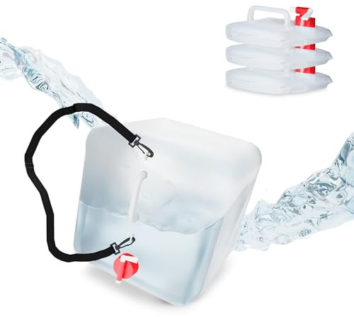 Relaxdays Faltbarer Wasserkanister 4er Set 20 l Pack 4 Bidones Plegables, Garrafas Agua Grifo y Correa, Depósitos Líquidos sin BPA, Transparente/Rojo, Gomaespuma