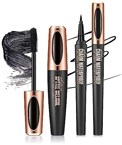 Mascara e Eyeliner, MKNZOME Nero Mascara Volume Eyeliner Liquido Waterproof Volumizzante e Allungante Lunga Durata Set Trucchi per Halloween, Natale, Compleanno festa