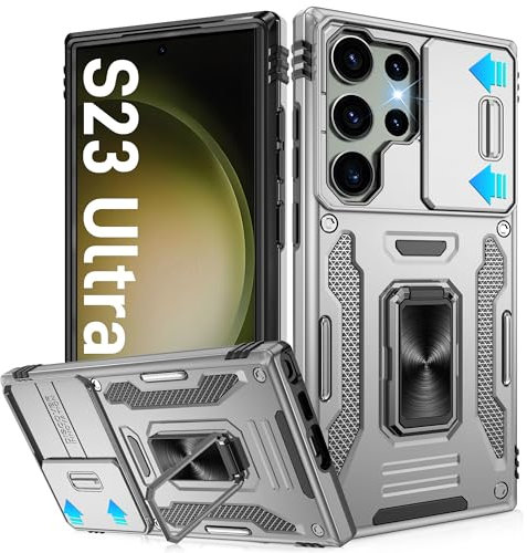 Jshru for Samsung S23 Ultra Case with Slide Camera Cover [Upgrade],Military Grade Shockproof S23 Ultra Case with Ring Kickstand,Armour Phone Cover for Samsung Galaxy S23 Ultra 5G,Grey