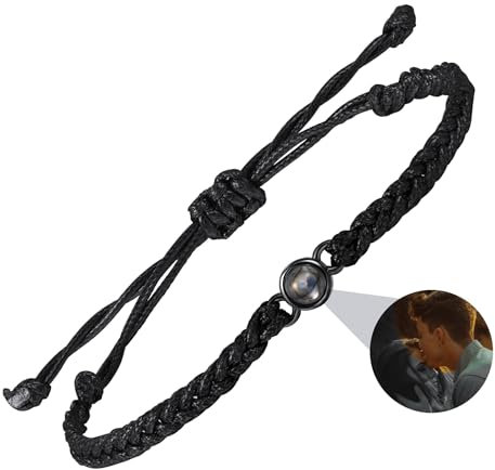 OTXIXTO Personalisierte 925 Sterling Silber Foto Projektion Verstellbar Geflochtenes Seil Armband Bild Innen mit 100 Love Sprachen Charme Schmuck Erinnerung Geschenk für Frauen Mutter Freundin - A1