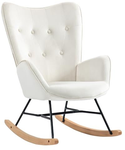 MEUBLE COSY Schaukelstuhl Sessel Schaukelsessel Stillstuhl Schwingstuhl mit Armlehnen Gepolsterter Sitzfläche für Wohnzimmer Schlafzimmer, Balkon, Samt und Holzkufen, Bis 120 kg Belastbar, Beige